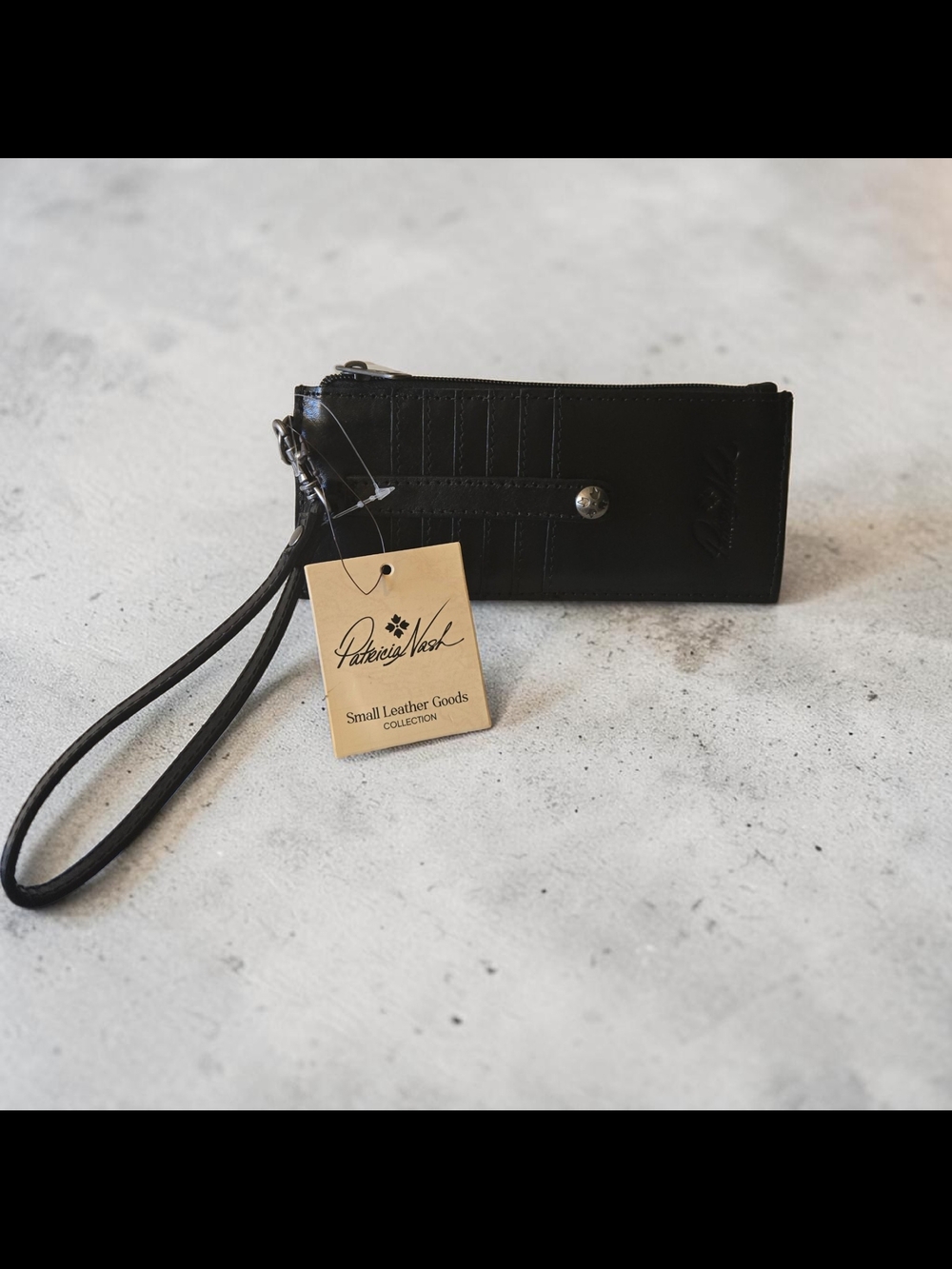 Patricia Nash Black Leather Wristlet Wallet with Snap Pocket